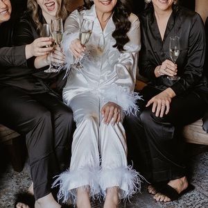 White Satin Pajamas with Feather Cuff - Pillow Talk Pajamas from Hazel & Olive